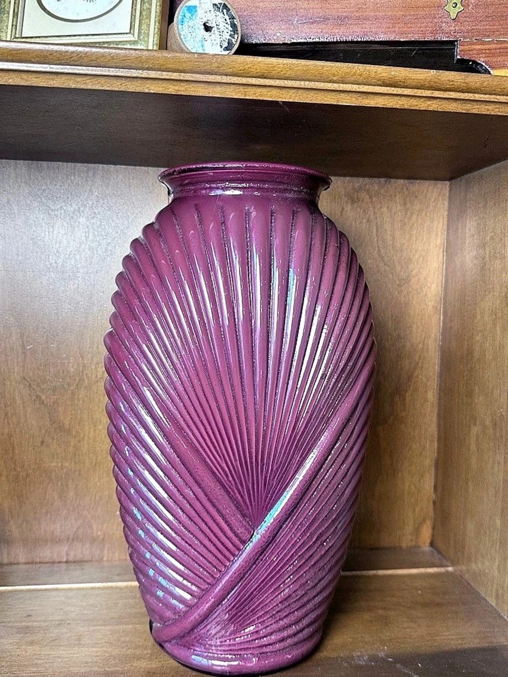 Glass Vase Anchor Hocking 1980s Red Art Deco mcm Draped Ribbed Pleated shell